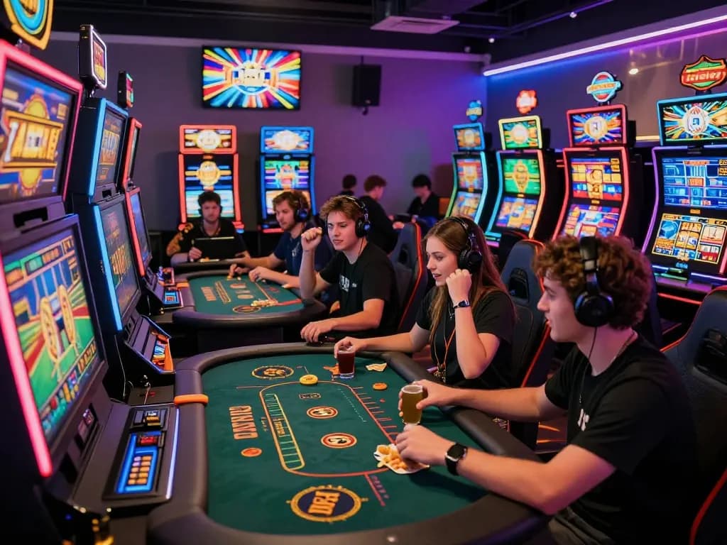 Exciting scene at an online casino with players enjoying gem88 games, vibrant lights and dynamic atmosphere.
