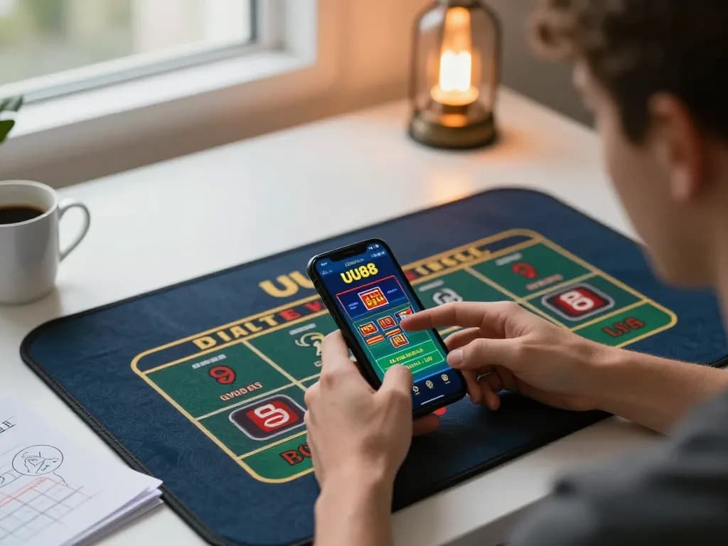 Player using the UU88 casino app strategically on a smartphone in a cozy home environment.