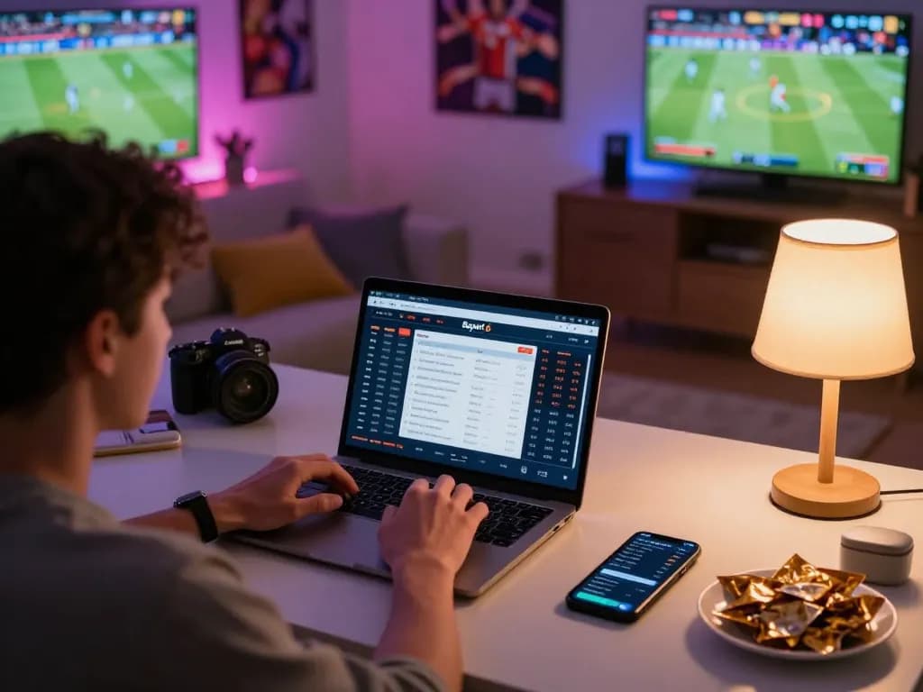 Engaging home sports betting setup with Bsport 6 interface showing real-time odds and strategic wagering moments.