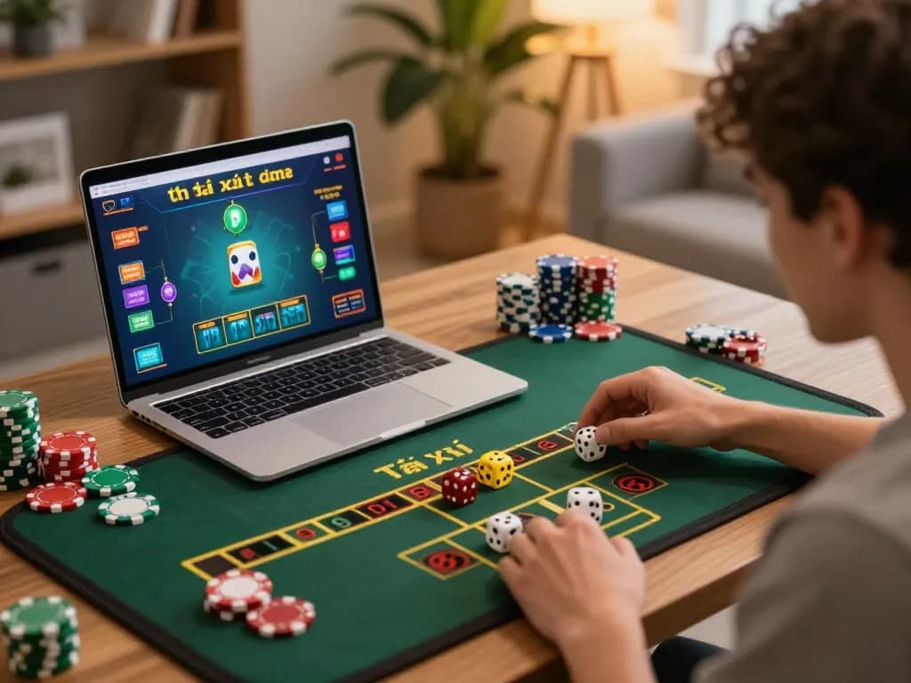 Tài xỉu online gaming session with player making strategic bets and colorful game setup