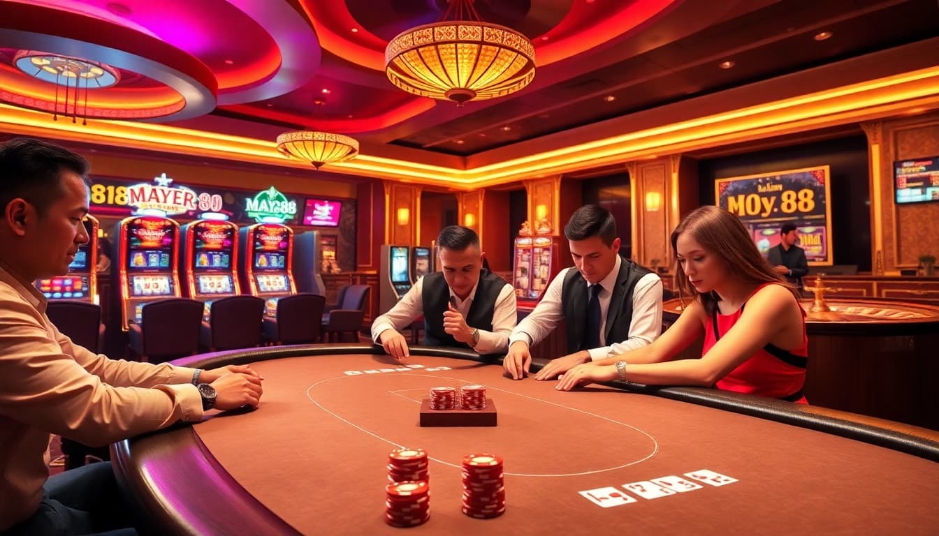 Experience high-stakes poker action at may88's vibrant casino ambiance with stylish decor.