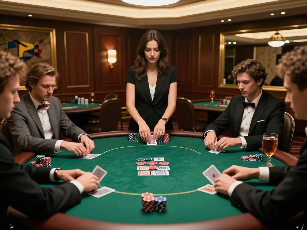 Players enjoying high-stakes poker at KKWIN in an upscale casino setting.