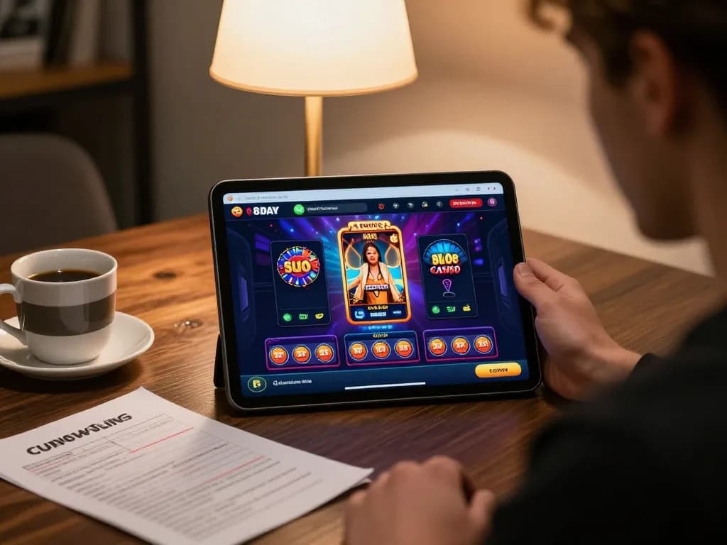 The user enjoys online gaming on the 8day app, showcasing a modern gambling environment with inviting elements.