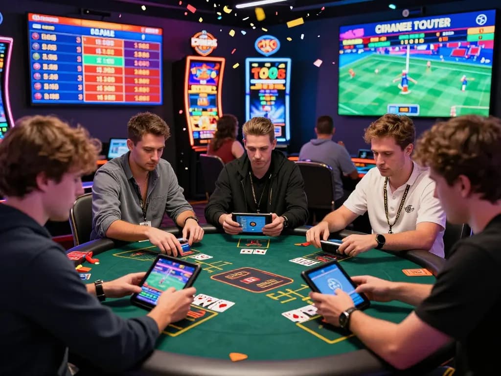 Players engaging in exciting online gambling experience at BK8 with vibrant game displays and celebratory atmosphere.