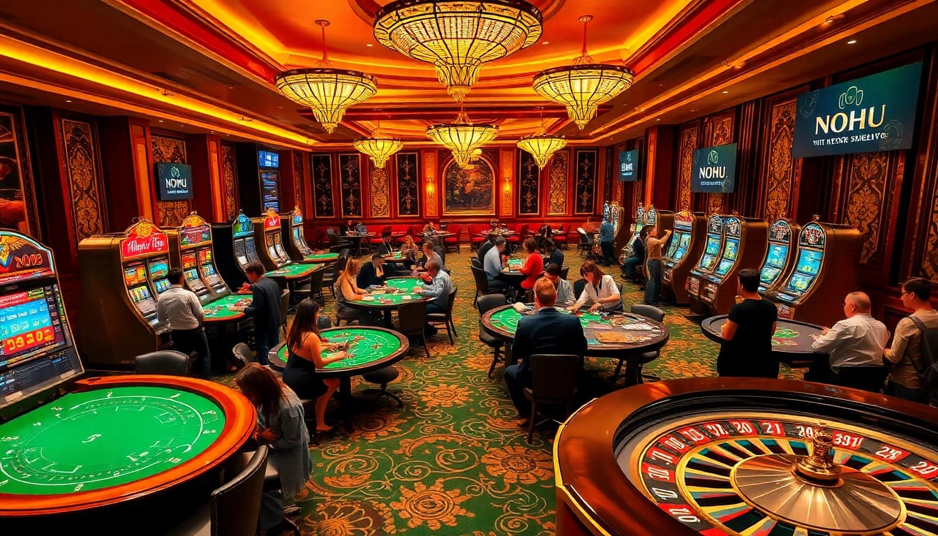 Nohu gamblers experiencing thrilling gameplay at a luxurious casino with poker tables and slot machines.