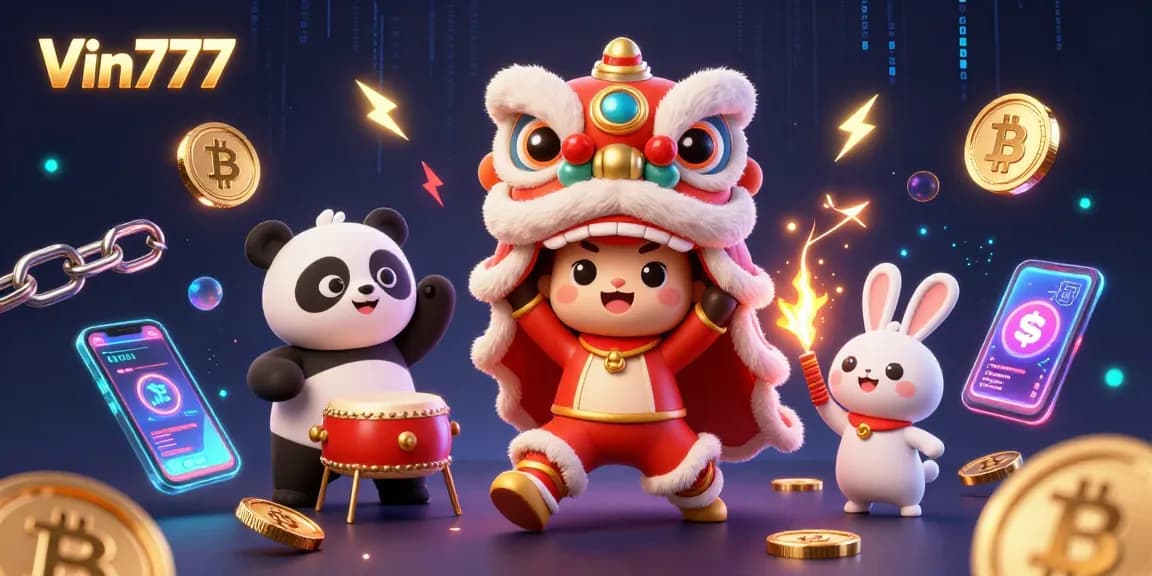 Win with Vin777 while enjoying an engaging lion dance and cryptocurrency elements in a vibrant casino scene.