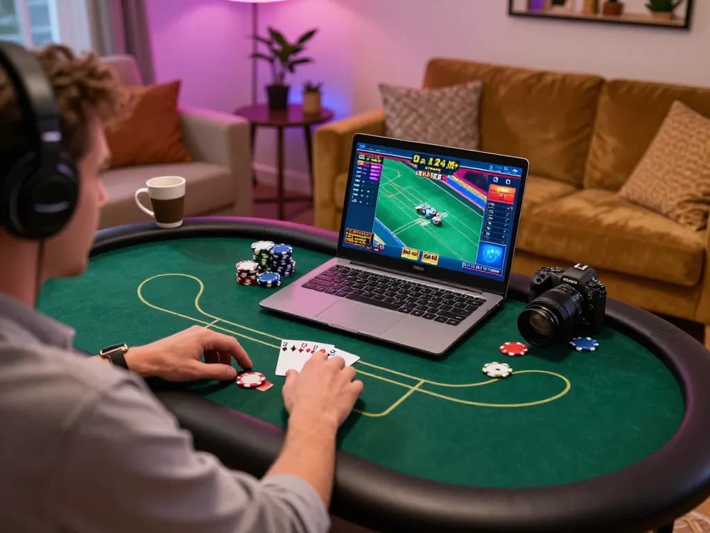 Player enjoying an online poker game on laptop at home, highlighting tr88seo experience and strategic engagement
