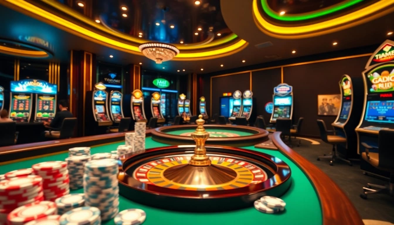 The dynamic gambling experience at nhà cái nk88 showcasing vibrant slot machines and a roulette wheel.