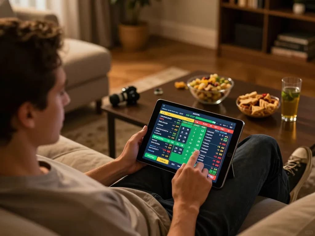 Person engaged in online betting on king88 com tablet with sports odds displayed, cozy home setup