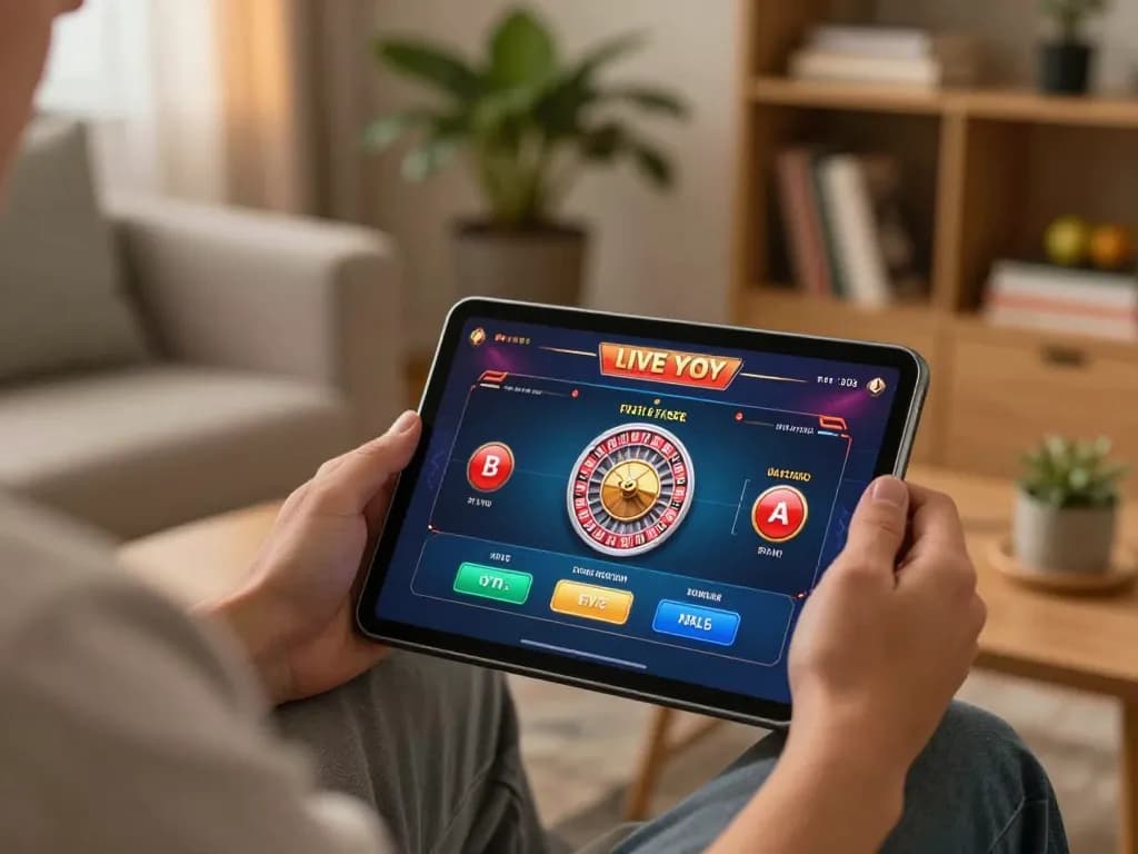 Engaging in online gambling at home with 789win app on tablet, showcasing exciting live roulette game.