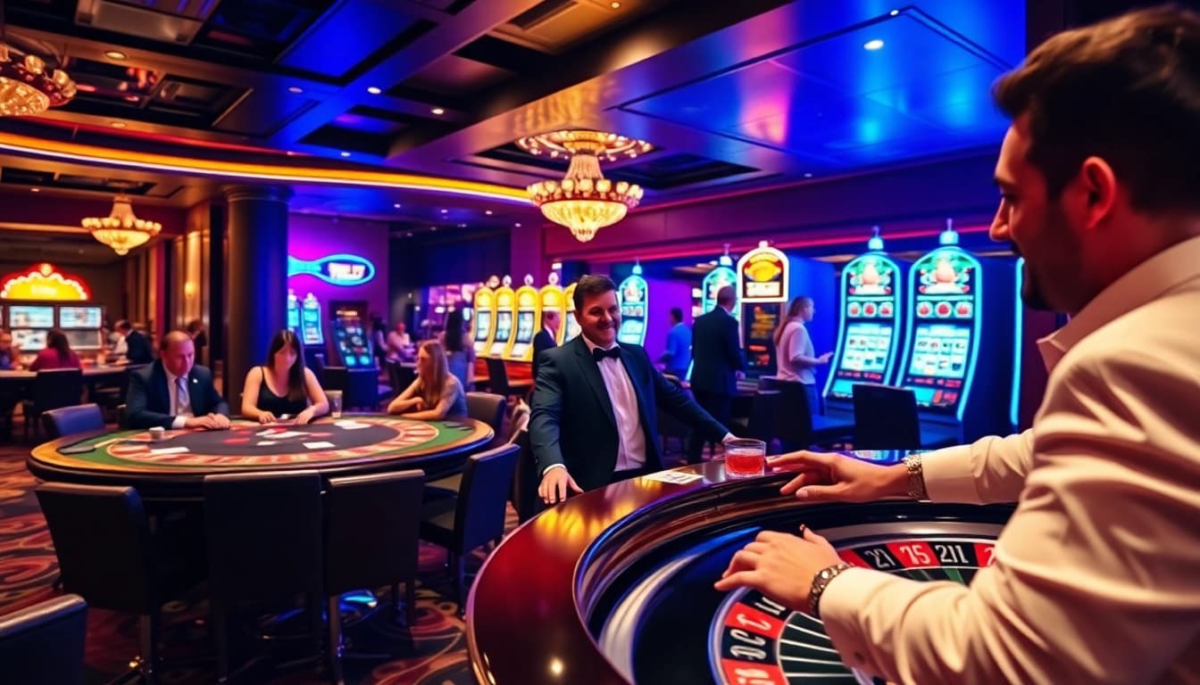 Excited players enjoy table games and slots at 789club's luxurious casino floor.