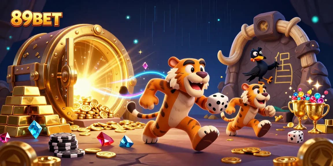 Engage in thrilling 89BET casino adventures with cartoon characters amidst sparkling treasures.