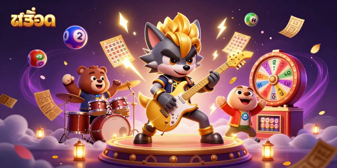 Experience vibrant สล็อต action with a rock star wolf and drummer bear amidst a dynamic casino scene.