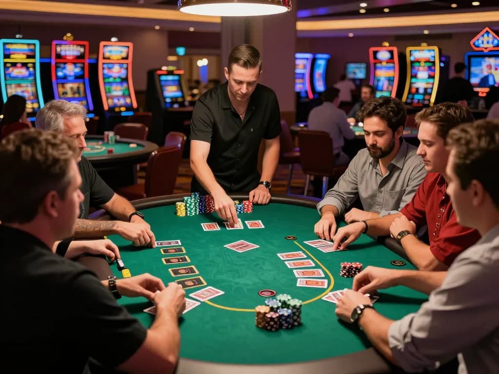 Ricbet focuses on players immersed in an exciting blackjack game in a vibrant Las Vegas casino.