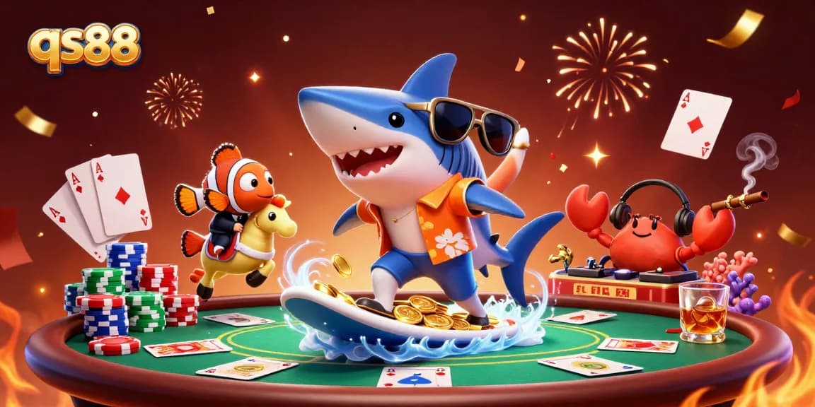 Engage with qs88 by playing thrilling casino games alongside a fun shark surfer character.