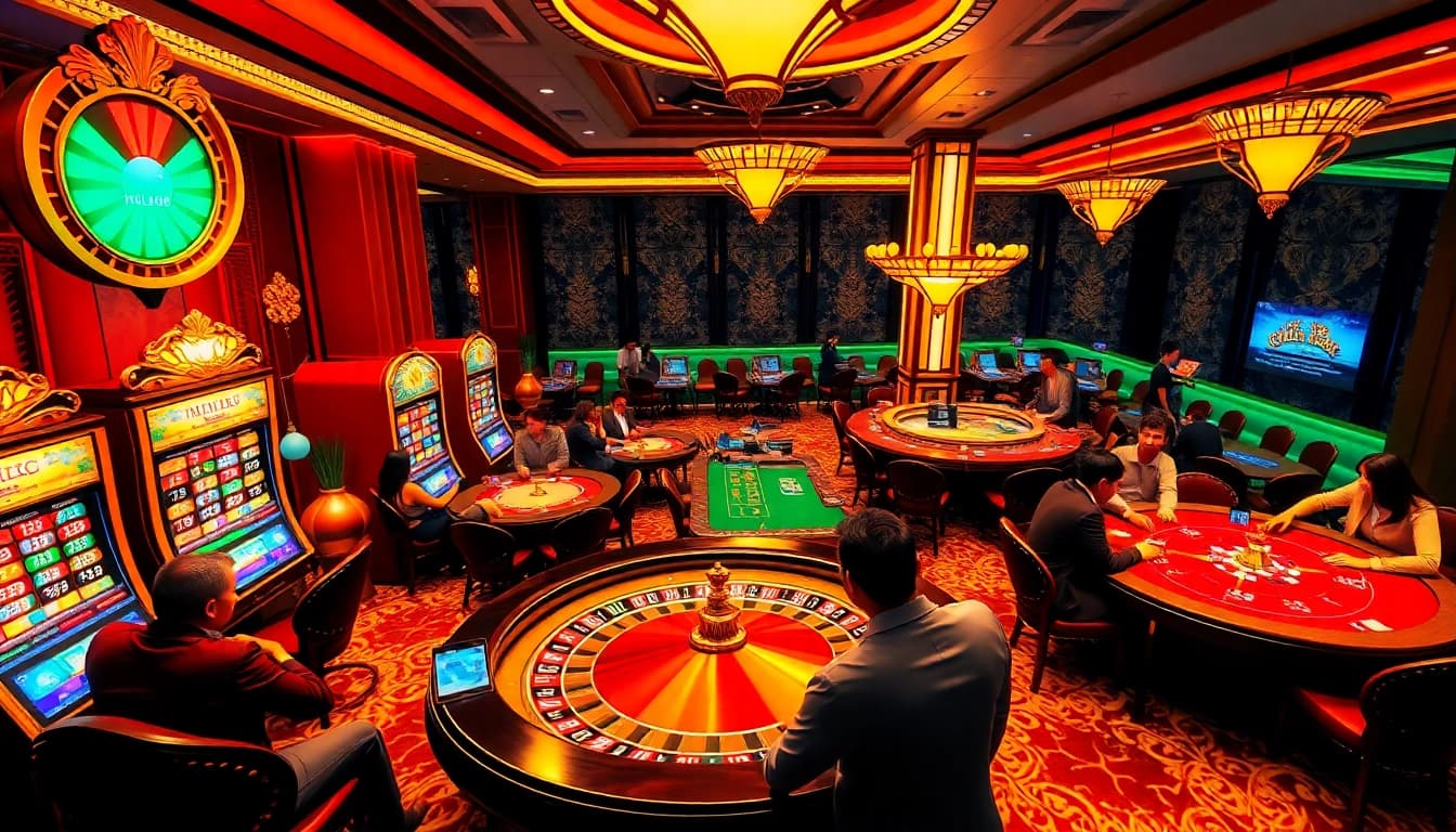 The lively "trang chủ hello88" casino scene highlights excited players engaging with slot machines and poker tables.