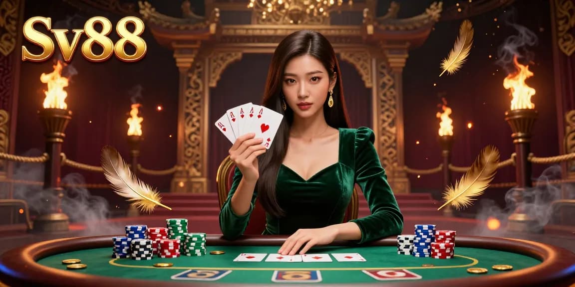 Experience strategic card play at Sv88 casino with a focused Asian woman at a luxury poker table.