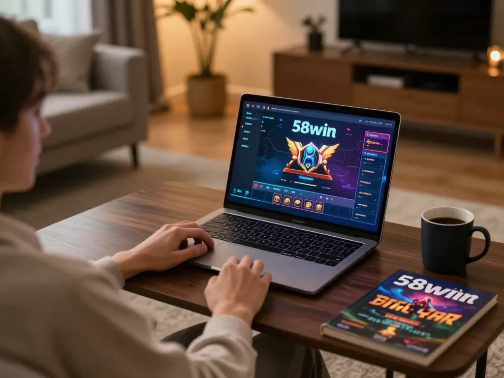Player engaging with 58wiin on laptop, showcasing online gaming atmosphere and strategy