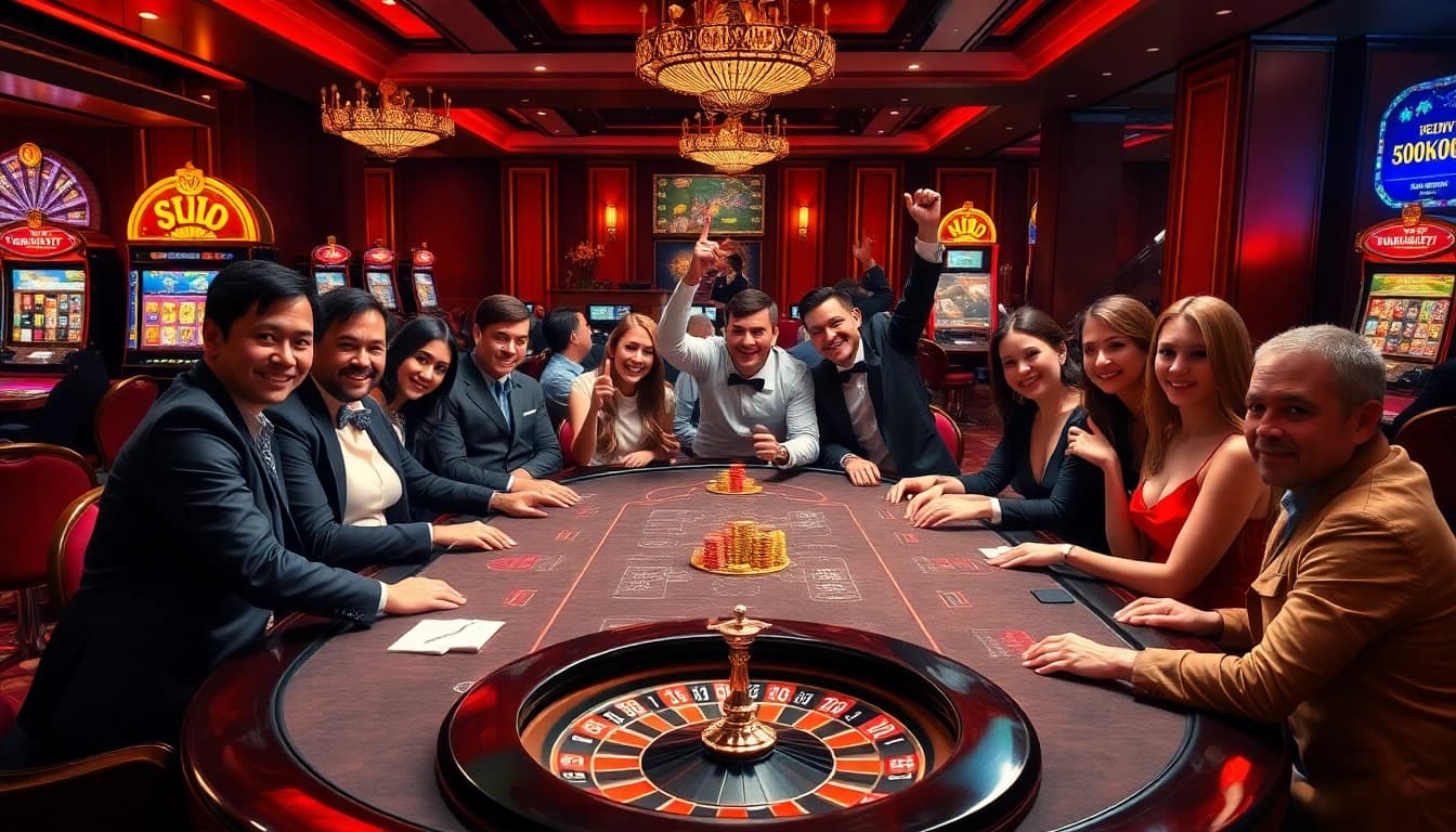 Action-packed scene of gaming at a luxurious casino showcasing https://89bet.sh/ amidst poker players and slot machines.