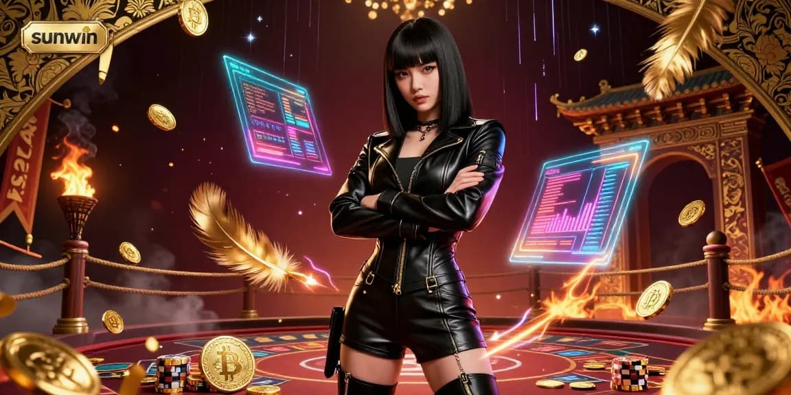 Experience thrilling gameplay at sunwin with a stunning Asian woman leading a vibrant casino scene filled with Bitcoin and golden coins.