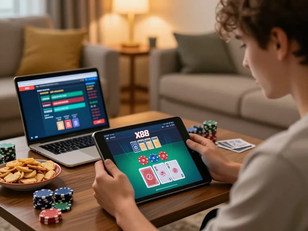 A player exploring x88's online casino platform in a cozy home setting.