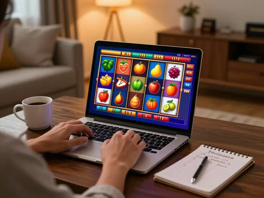 User enjoying an online casino experience on 99win com with colorful slot reels and strategy notes on the table.