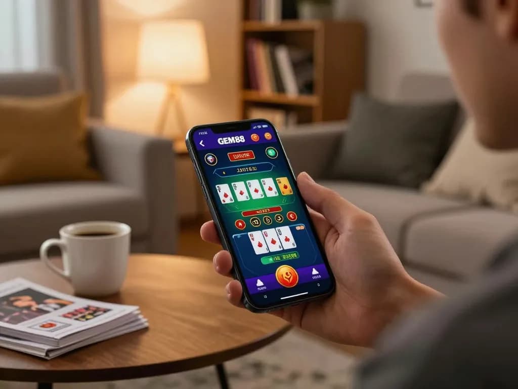 Engaging in GEM88 mobile gaming with a live dealer on a smartphone in a cozy living room setting.