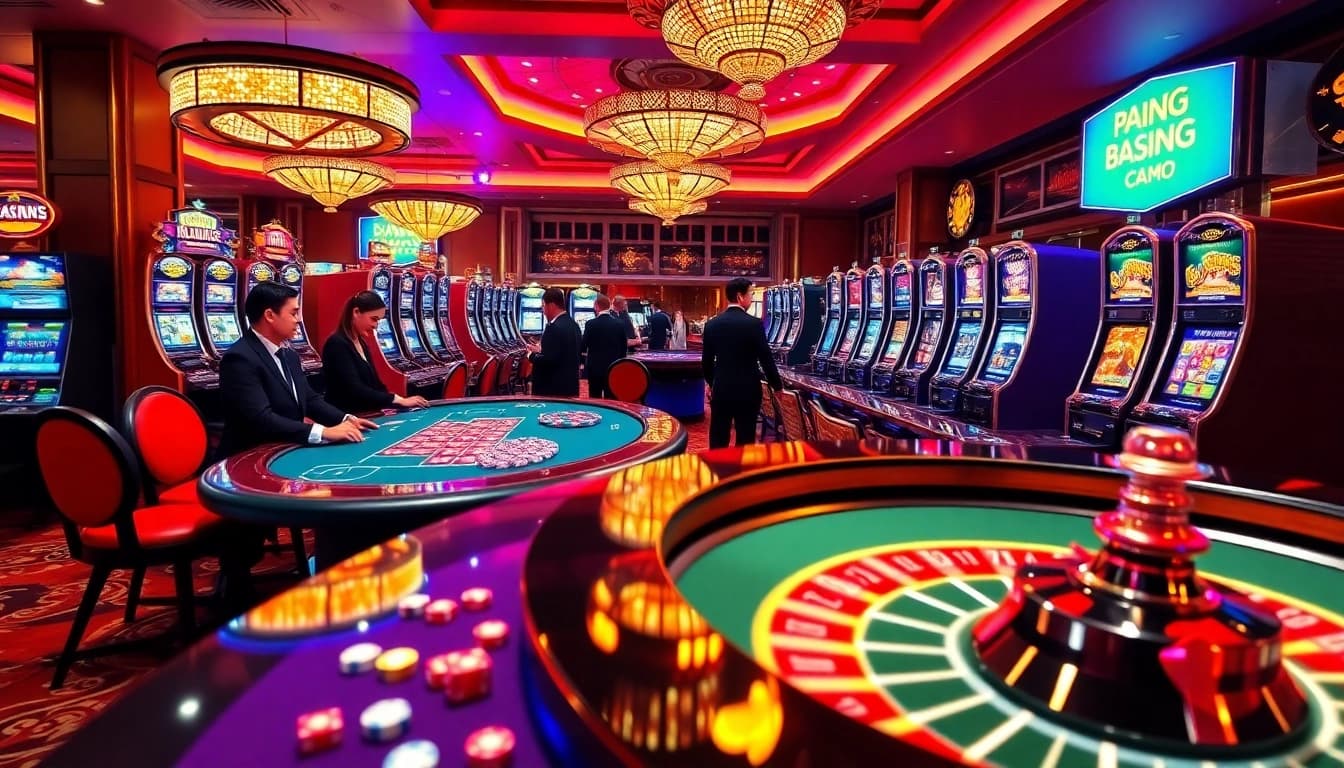 Casino interior at nhà cái ee 88 with vibrant tables and thrilling gambling ambiance.