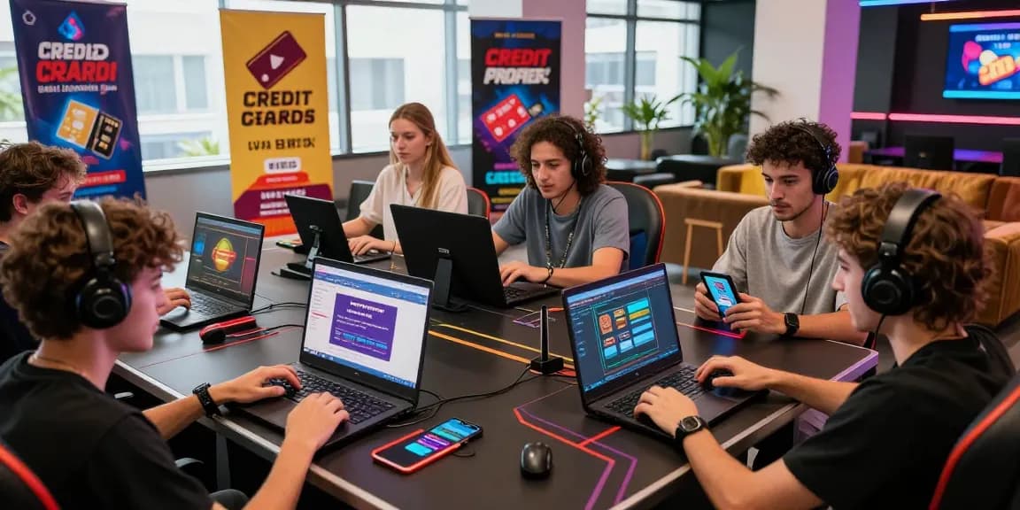 Players enjoying online casinos that accept credit cards on laptops and smartphones in a lively gaming environment.