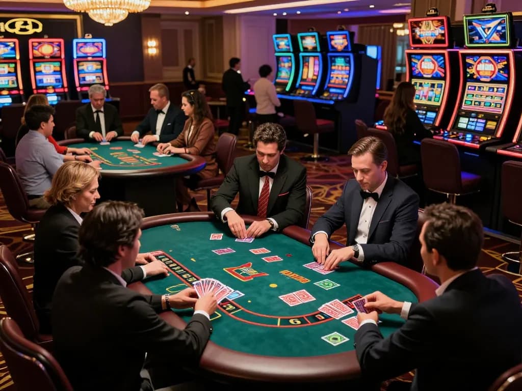 Exciting casino scene showcasing nhacaiuytinn with players at poker tables and roulette wheels, vibrant atmosphere.