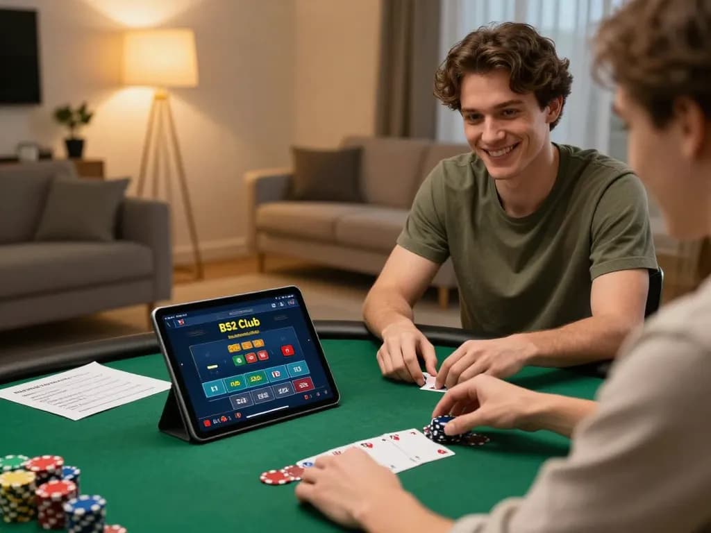 B52 Club user enjoying poker on tablet with cozy home setting and betting notes.