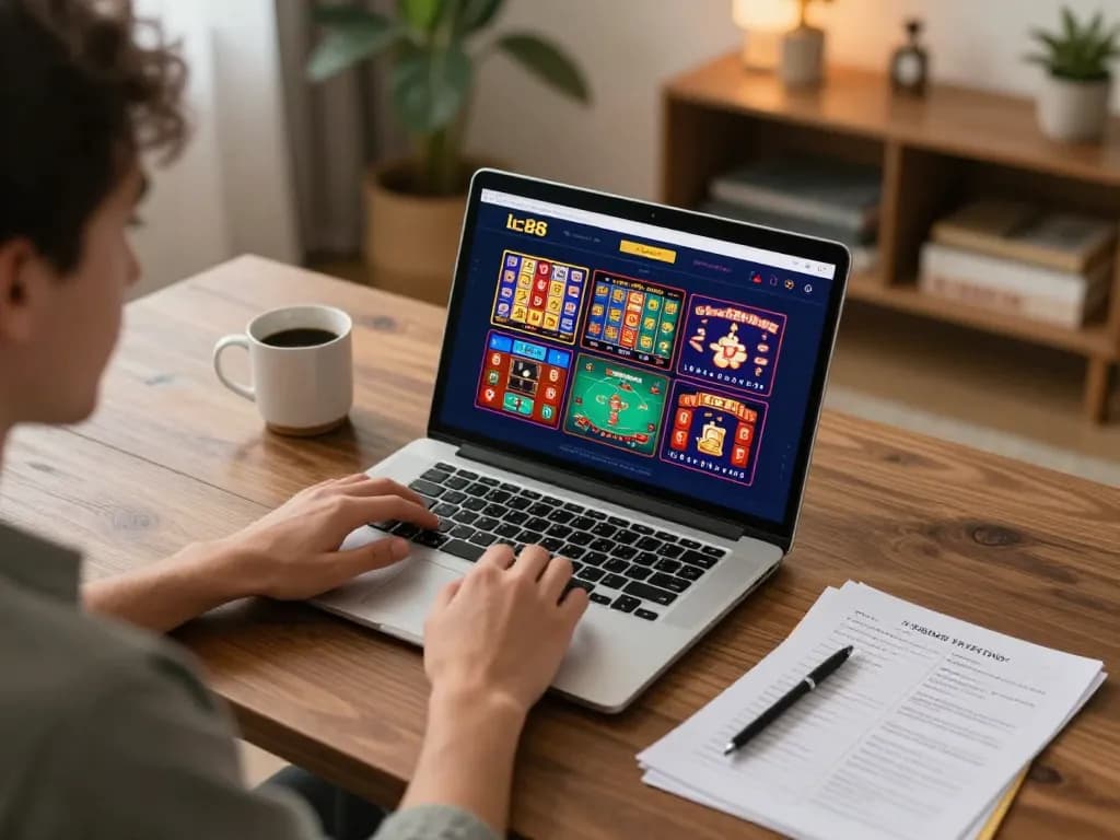 Engaging with lc88 online gambling games on a laptop in a cozy home setting.