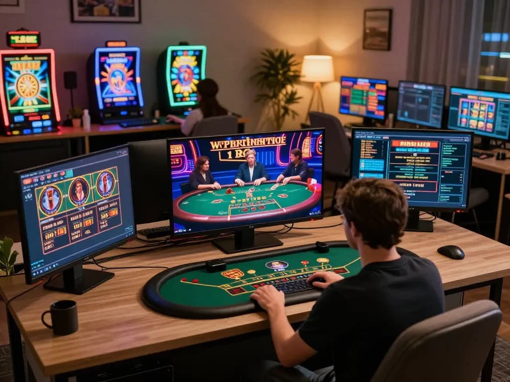 88vv online gaming scene with player engaged in live dealer blackjack at home desk, showcasing immersive experience.