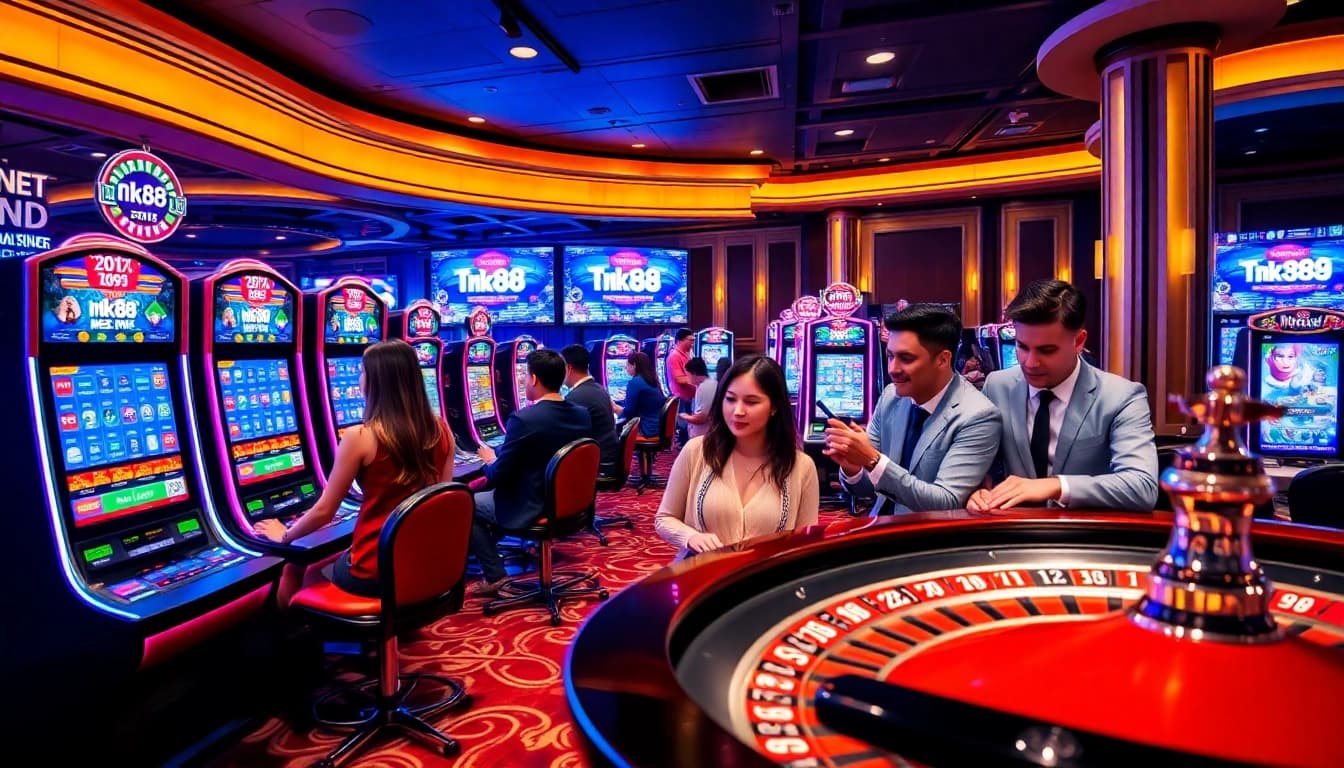 Excited players engaging with nk88's vibrant slot machines and roulette wheel in a luxurious casino.
