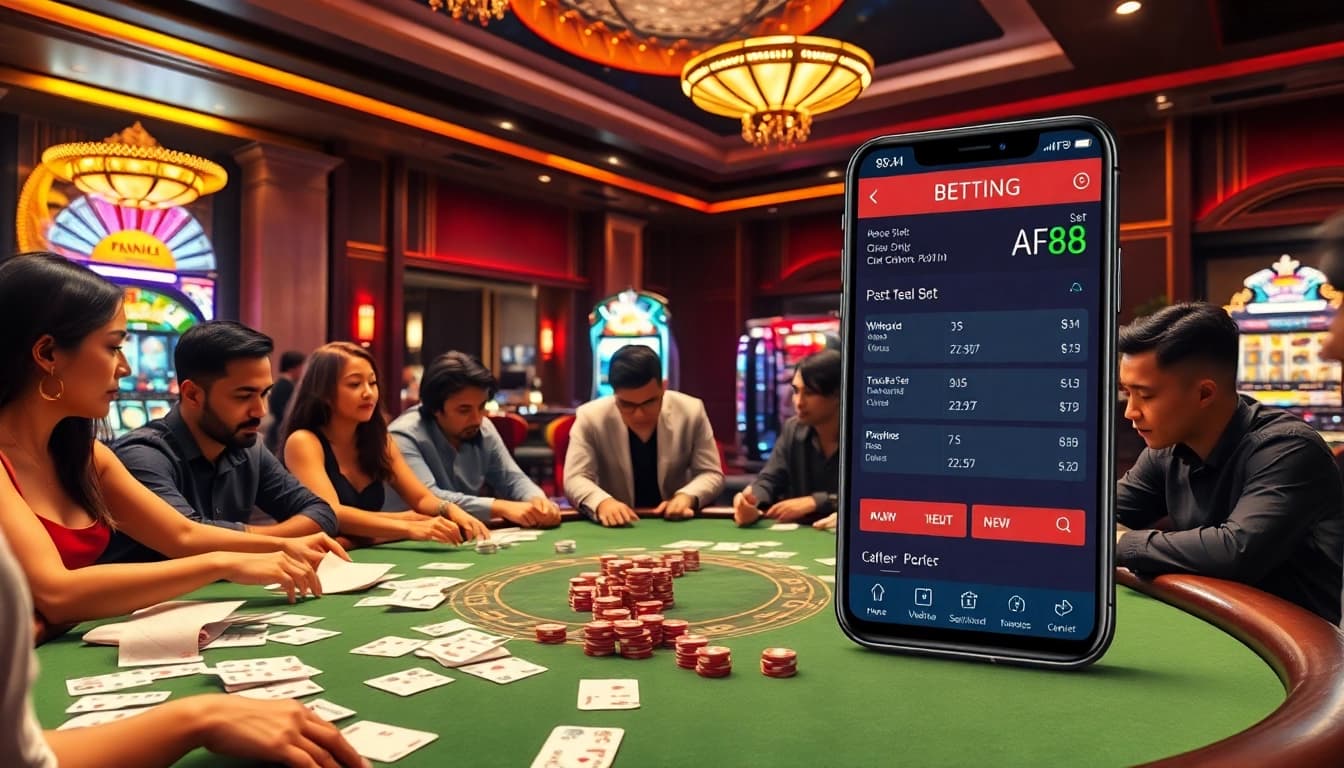Engaging players using the AF88 app at a luxurious poker table in a vibrant casino setting.