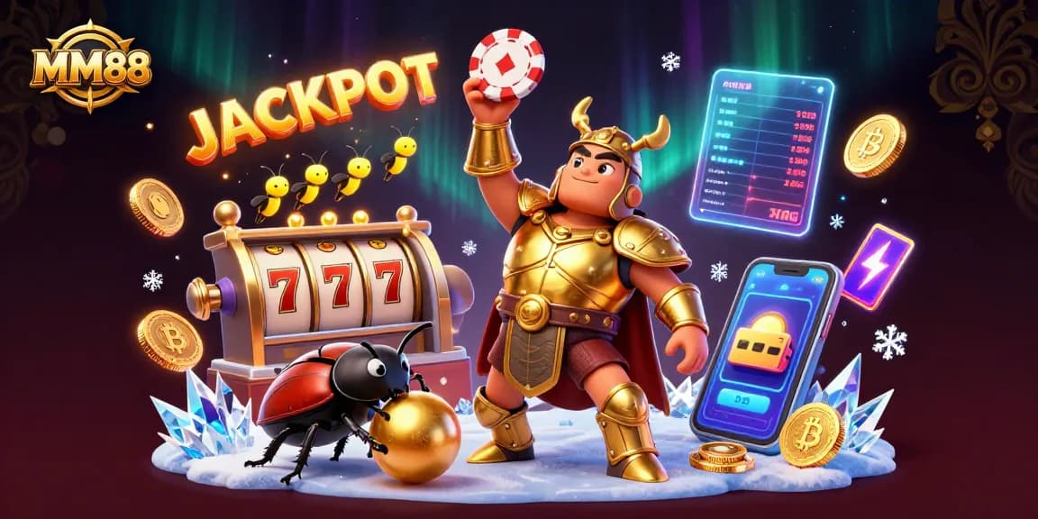 Join the MM88 adventure and win with slot reels and neon coin displays in a vibrant casino scene.