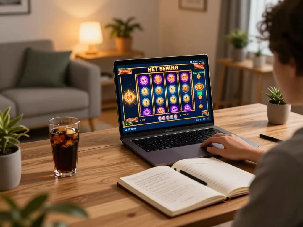 Play slots on situs gacor with vibrant online gaming setup at home, capturing cozy atmosphere and immersive experience.