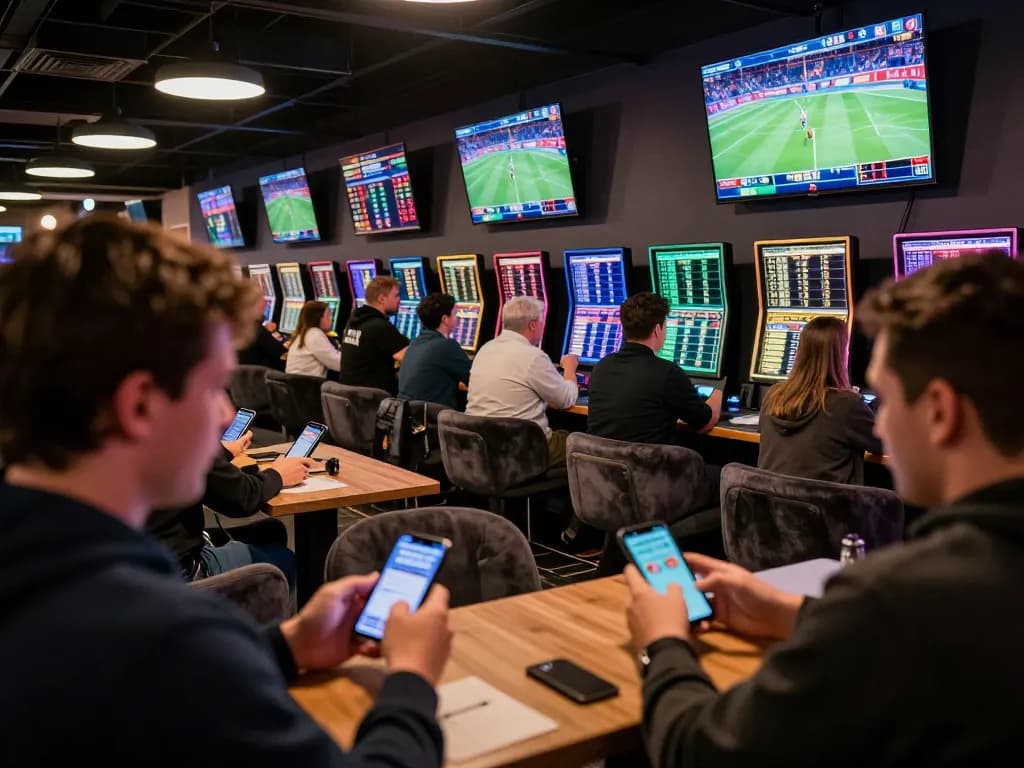 Betters placing wagers in a dynamic sports lounge capturing the excitement of debet betting