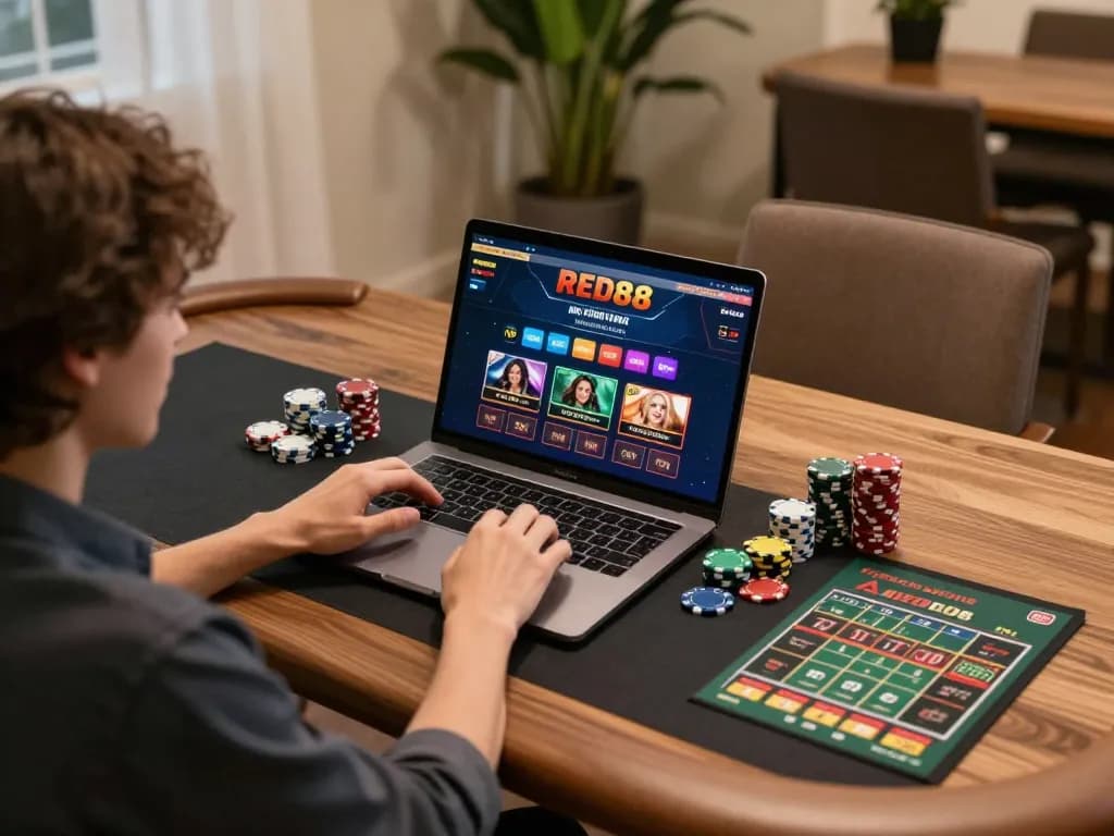 Engaging with RED88 games on a stylish desk during a cozy online gambling session.