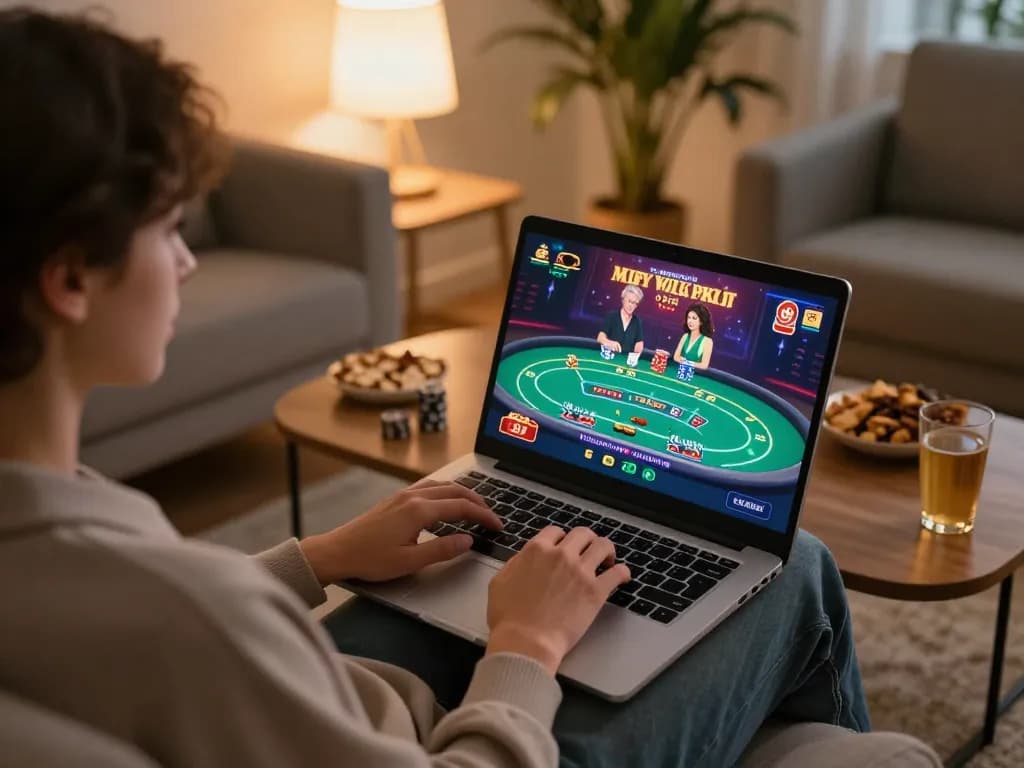 Engaging in online gaming on gamebaidoithuong8 with a laptop at home, showcasing a relaxed atmosphere and strategic gameplay.
