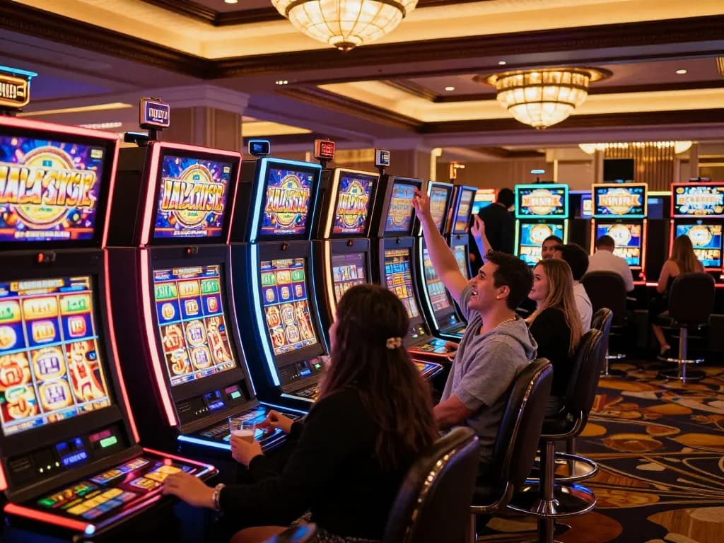 Players celebrating a jackpot win on MM88 slot machines in a vibrant Las Vegas casino.