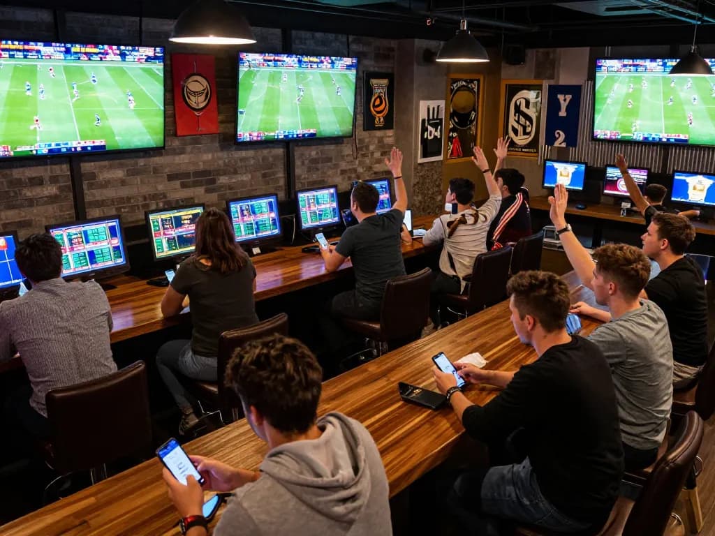 Bongdallu users celebrating a winning bet in a vibrant sports betting environment with screens showing live matches