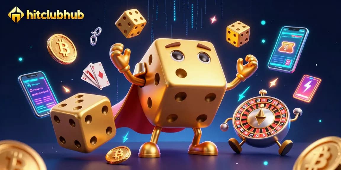 Experience action and excitement with hitclubhub in a dynamic 3D casino scene featuring golden dice and crypto coins.