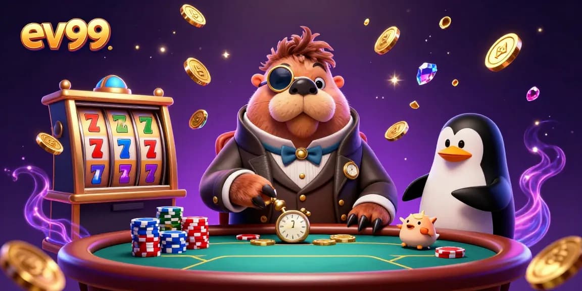 Join ev99 at an exciting underwater poker game with a walrus, penguin dealer, and pufferfish!