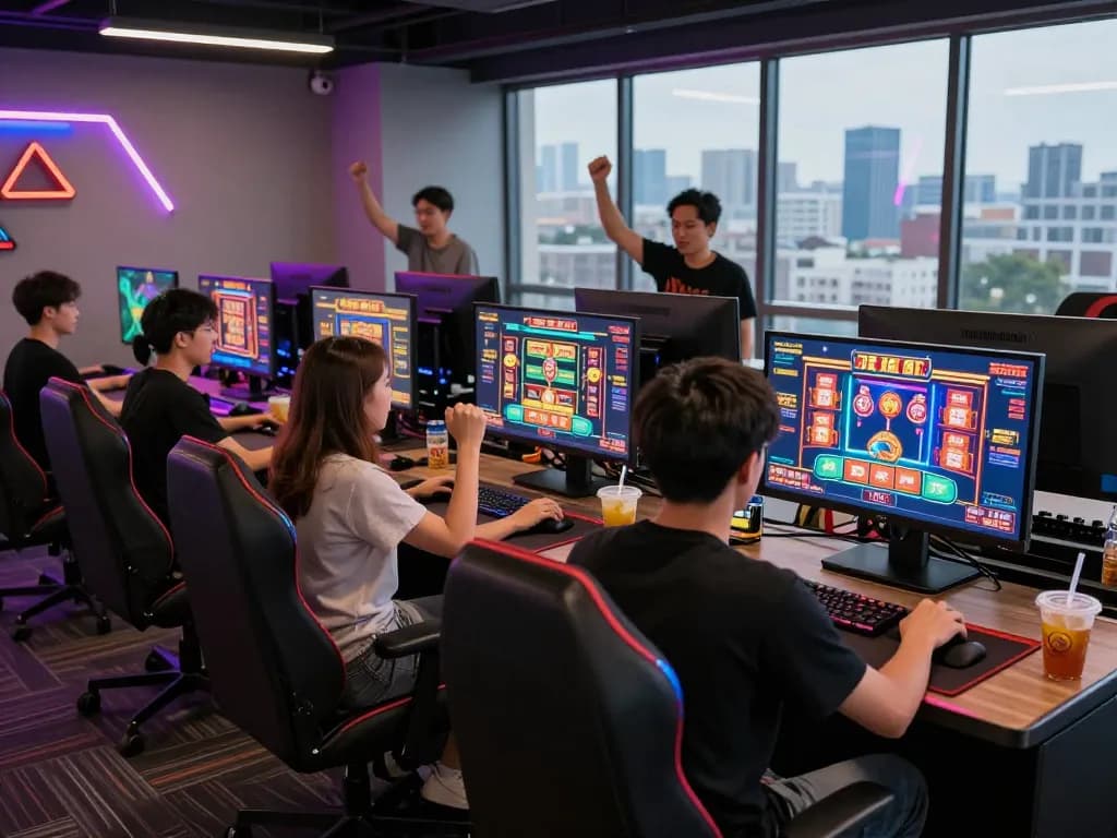 Players engaging in exciting b52 gaming experience with multiple monitors and vibrant atmosphere.