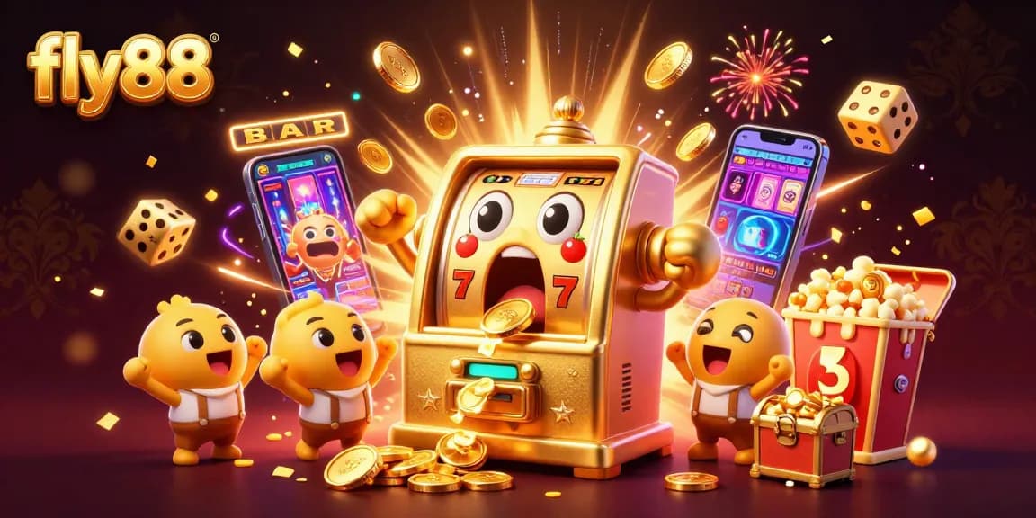 Experience the excitement of fly88 with a vibrant 3D illustration of a golden slot machine celebrating its jackpot.