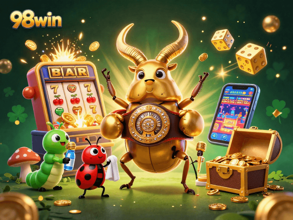 Experience 98win's slot excitement with a dynamic scene featuring a golden stag beetle and more!