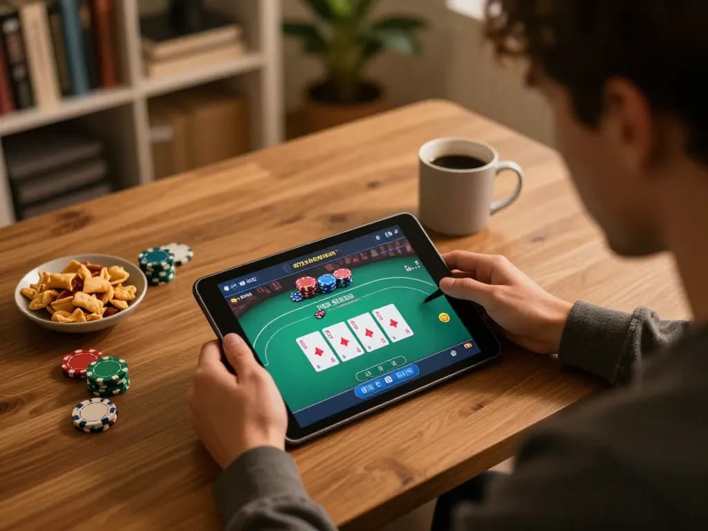 Hitclub gameplay session featuring strategic poker analysis on tablet with warm ambient lighting