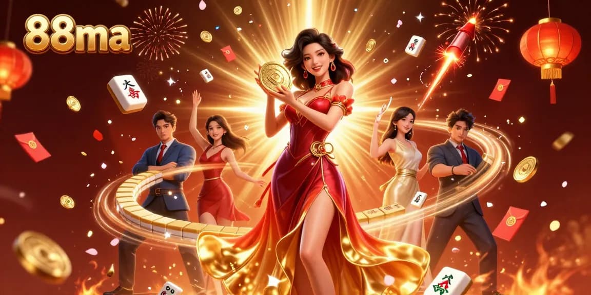 Experience winning at 88ma with a stunning illustration of an attractive Asian woman celebrating over golden success in gambling.