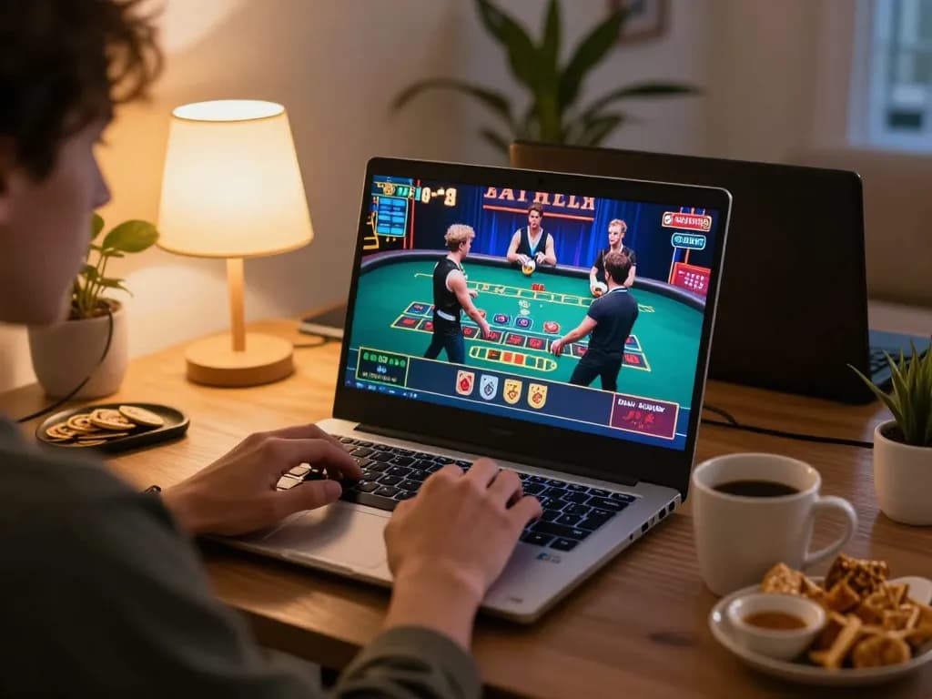 Sv368 user engaging with a live dealer baccarat game on a laptop, emphasizing online gaming excitement and strategy.